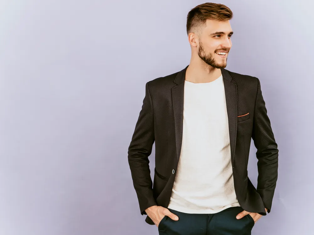 portrait handsome smiling hipster businessman model wearing casual black suit Style Society Guy
